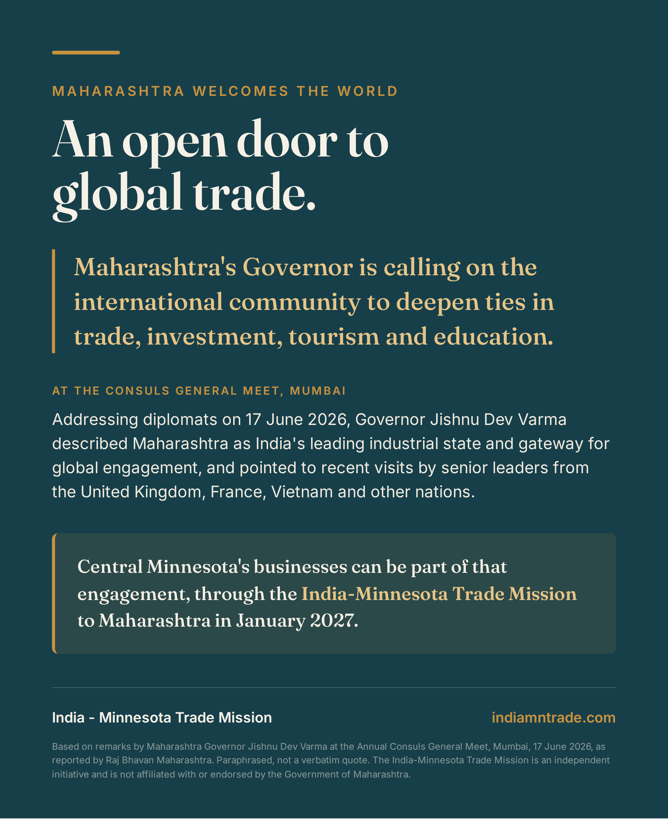 An open door to global trade: Maharashtra’s Governor calls on the international community to deepen ties in trade, investment, tourism and education. Tap to play the video.