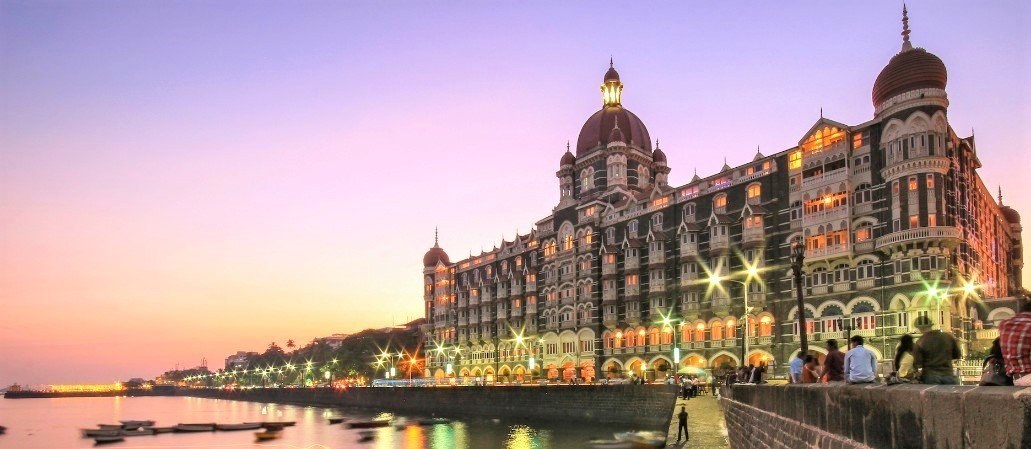 The Taj Mahal Palace hotel on the Mumbai waterfront at dusk